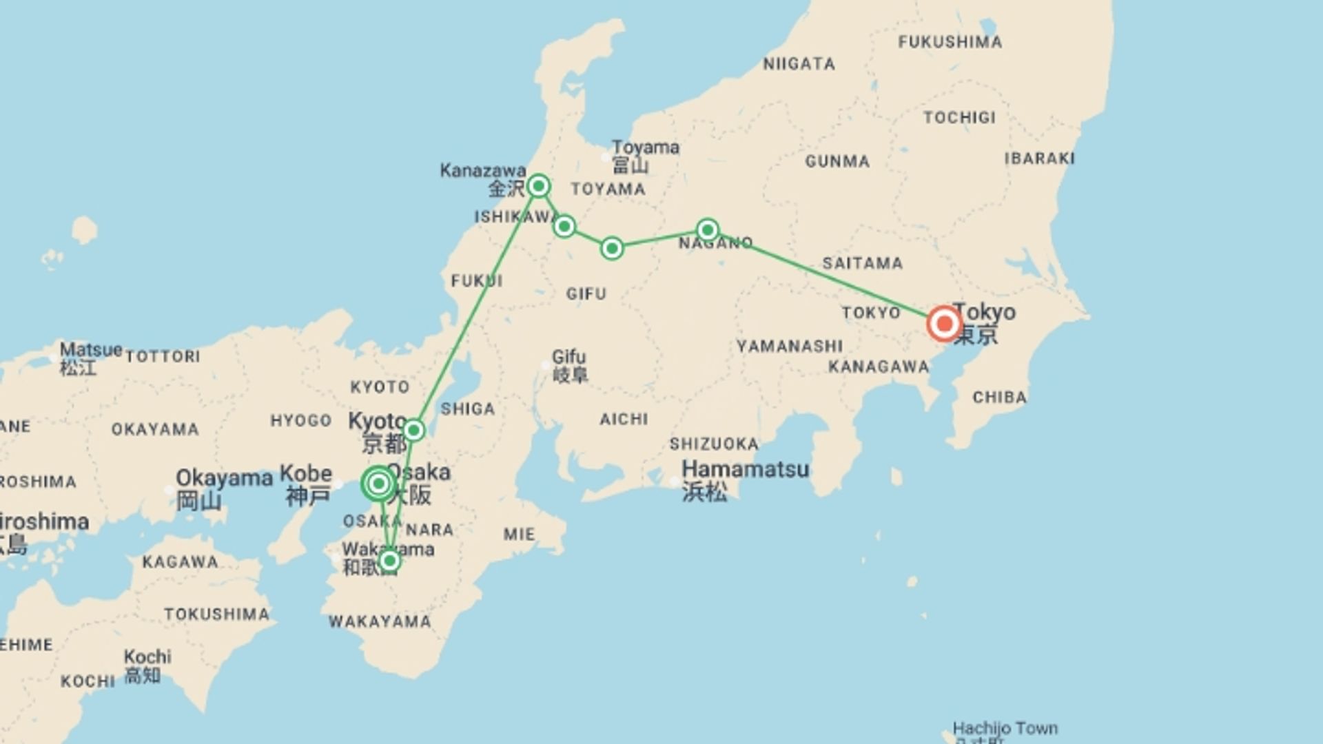 A map showing the tour itinerary for the trip: Eternal and Traditional Japan, starting in Osaka, Japan and ending in Tokyo, Japan going through 4 other destinations.
