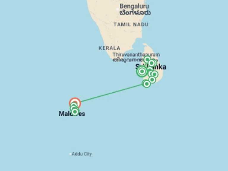 Map of Asia Tour with 15 destination visits for the trip: Sri Lanka in Depth + Maldive Dhoni Cruise