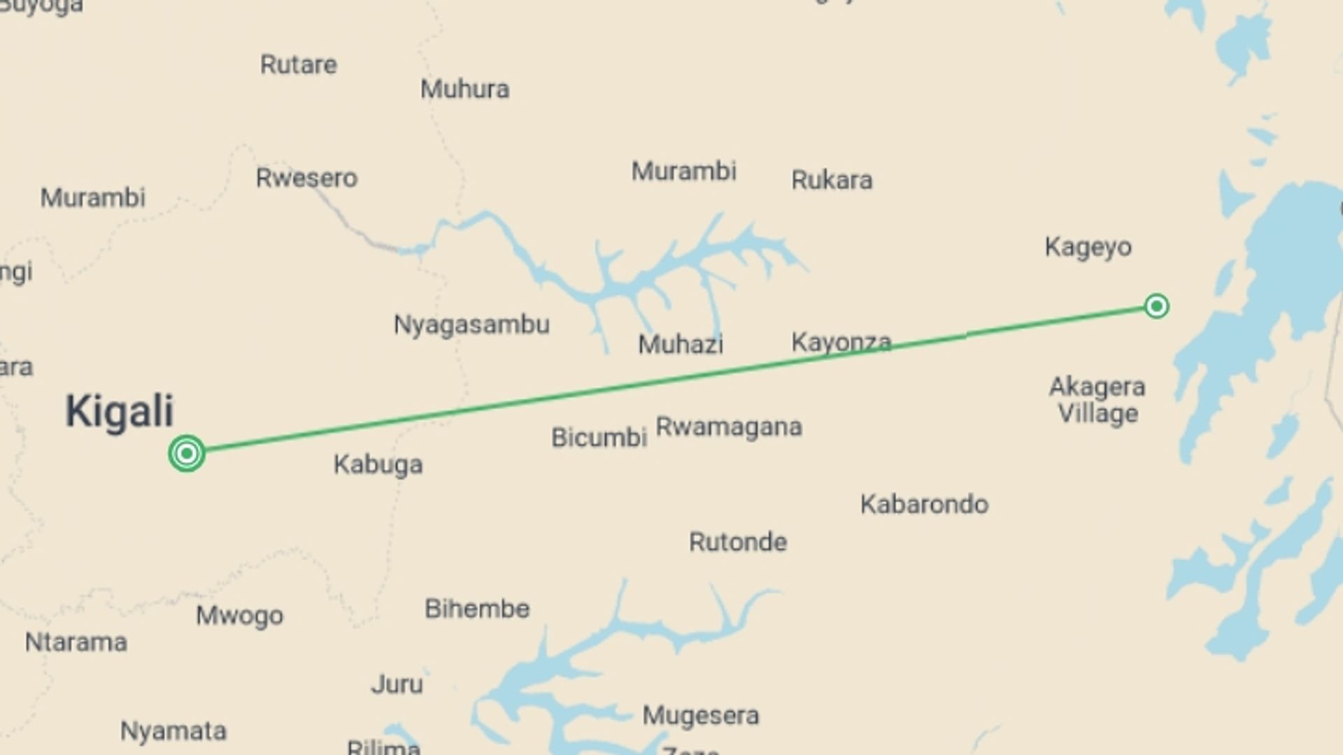 A map showing the tour itinerary for the trip: A Thrilling Big 5 Safari in Rwanda's Heartland, starting in Kigali, Rwanda and ending in Kigali, Rwanda going through 1 other destinations.