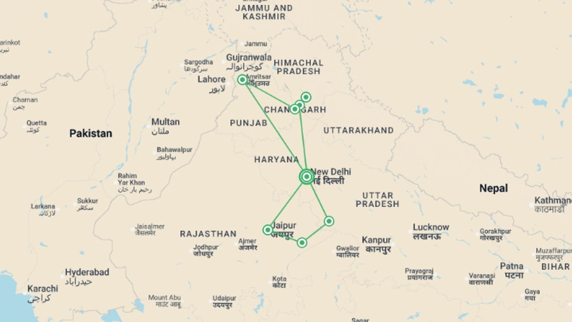 A map showing the tour itinerary for the trip: Golden Triangle & Amritsar - 14 days, starting in New Delhi, India and ending in New Delhi, India going through 5 other destinations.
