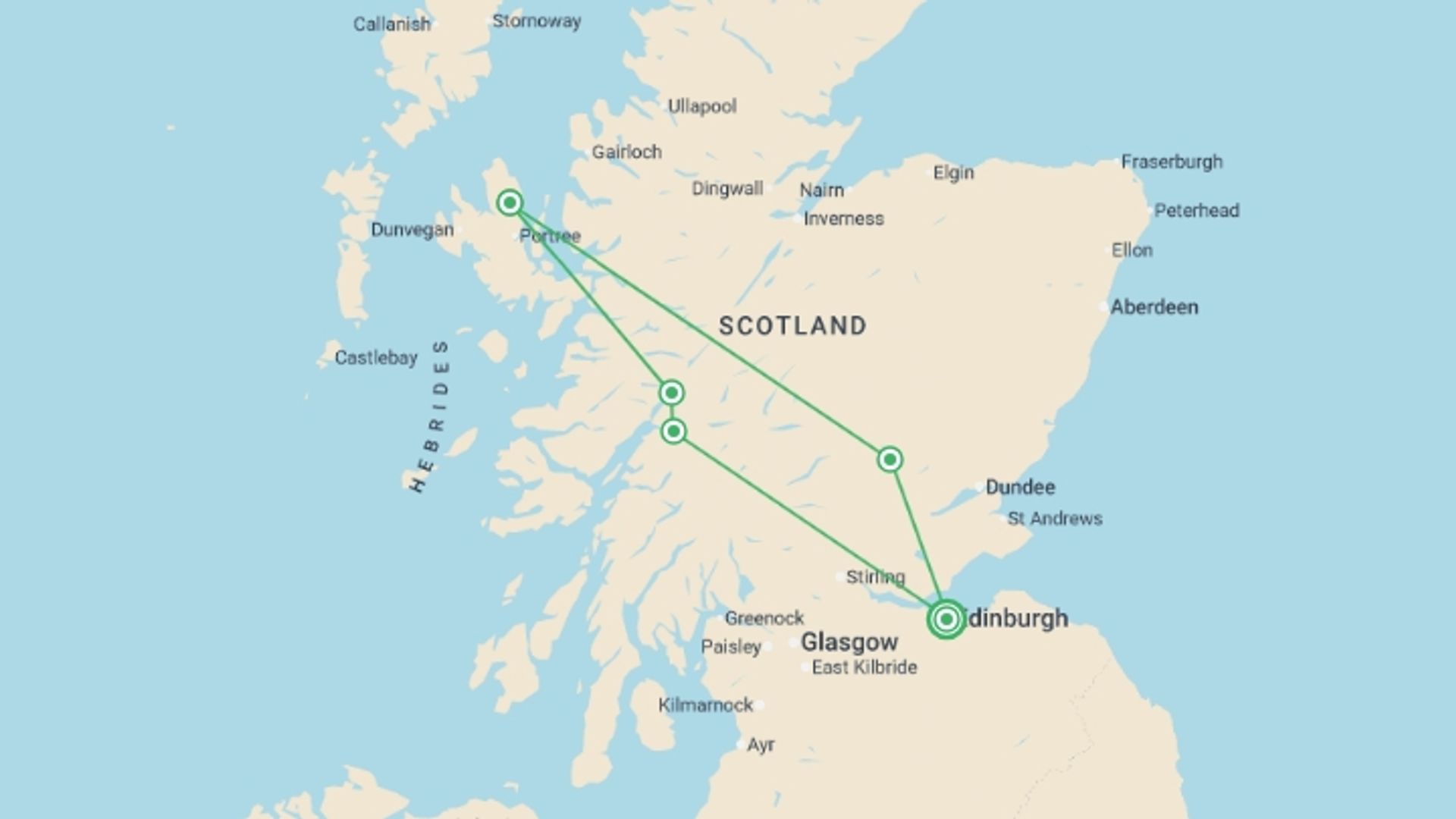 A map showing the tour itinerary for the trip: Edinburgh to the Isle of Skye - 4 days, starting in Edinburgh, Scotland and ending in Edinburgh, Scotland going through 2 other destinations.