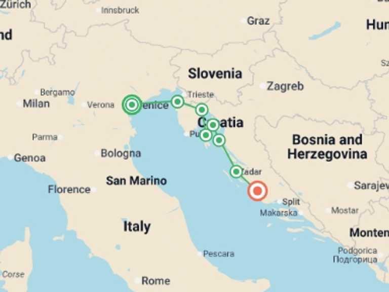 Map itinerary of Zagreb Tour in April 2027 with 11 destination visits for the trip: Venice and Croatian Islands Cruise 