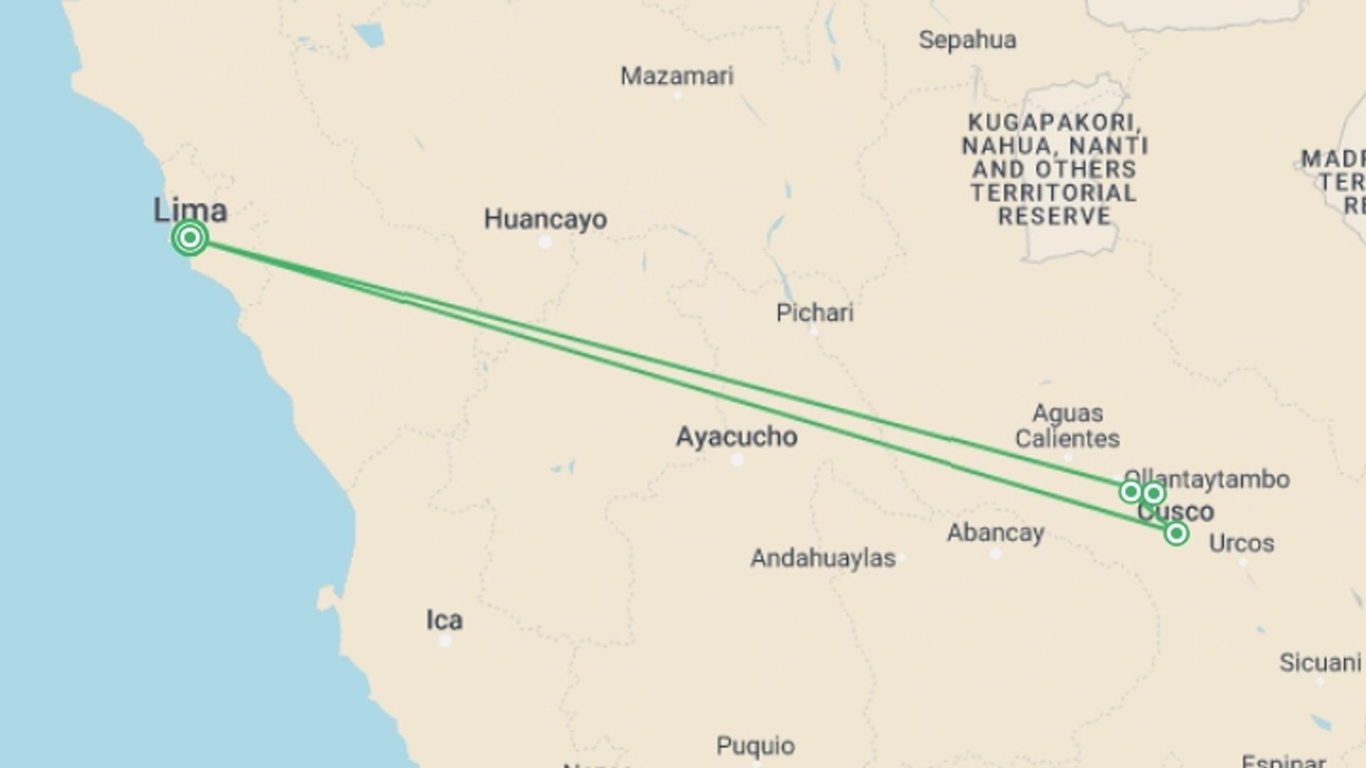A map showing the tour itinerary for the trip: Peruvian Gastro Tour, starting in Lima, Peru and ending in Lima, Peru going through 2 other destinations.