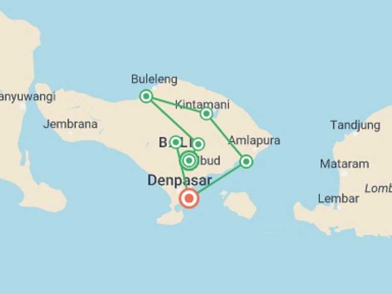 Map of Indonesia Tour with 6 destination visits for the trip: Amazing Bali 2025 (5 & 4 Star Hotels)