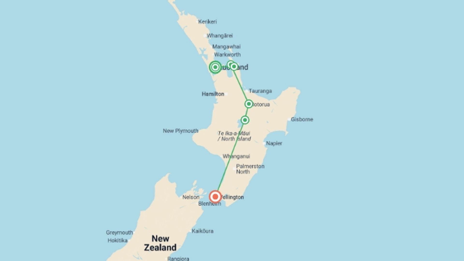 A map showing the tour itinerary for the trip: New Zealand Northern Trail (Southbound), starting in Auckland, New Zealand and ending in Wellington, New Zealand going through 4 other destinations.
