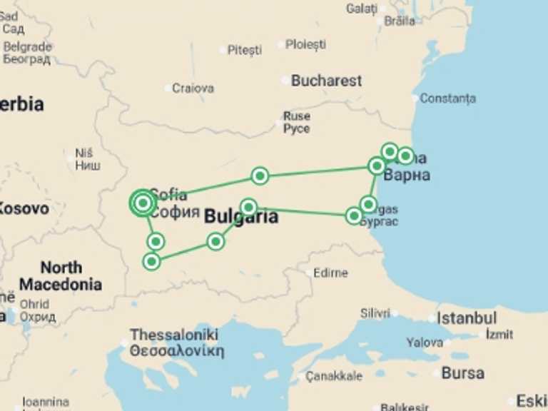 Map itinerary of Europe Tour in Fall with 6 destination visits for the trip: Go Local: Best Of Bulgaria, Self-drive