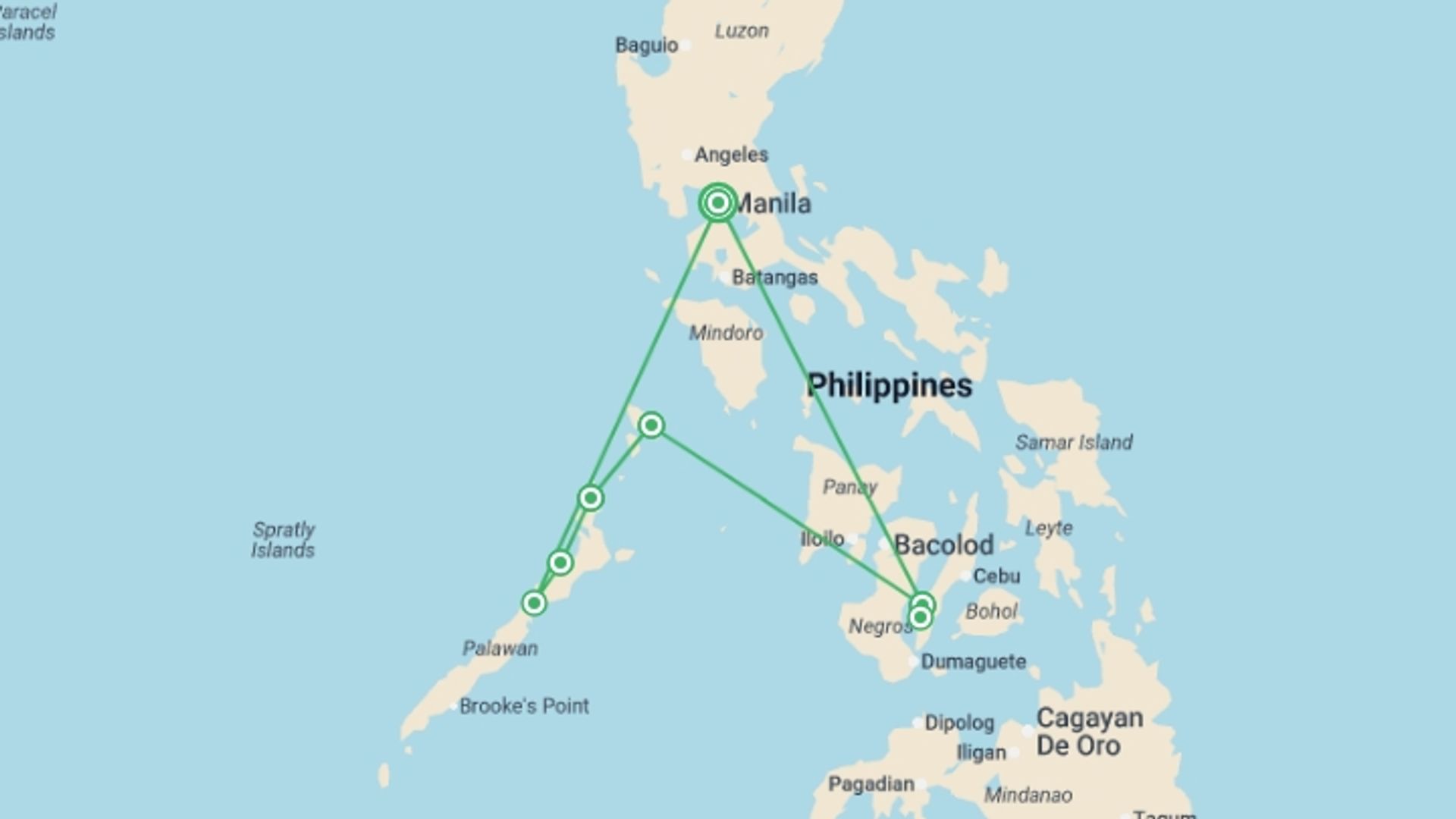 A map showing the tour itinerary for the trip: Philippines Island Explorer 17 day, starting in Manila, Philippines and ending in Manila, Philippines going through 6 other destinations.