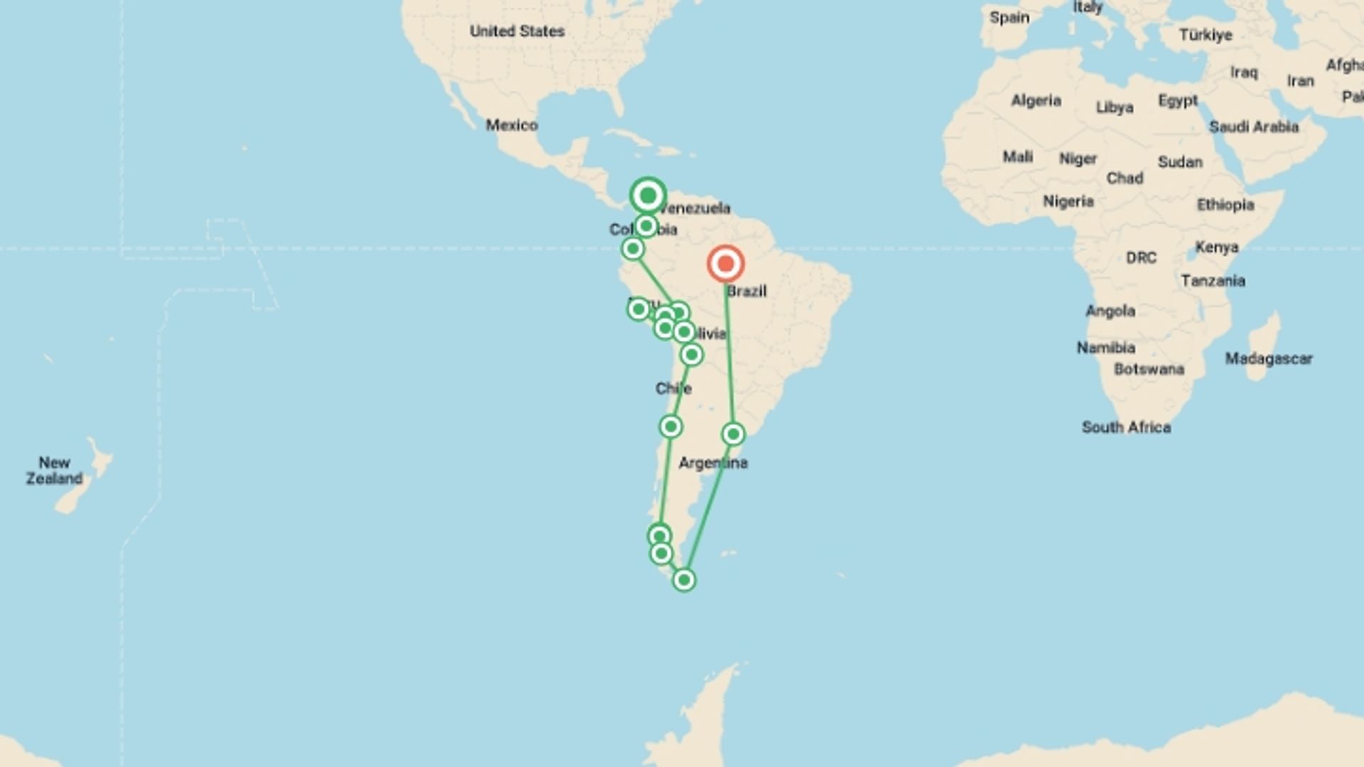 A map showing the tour itinerary for the trip: Buenos Aires To Manaus Inc. Guianas (13 Weeks) Tra, starting in Cartagena, Colombia and ending in Manaus, Brazil going through 15 other destinations.