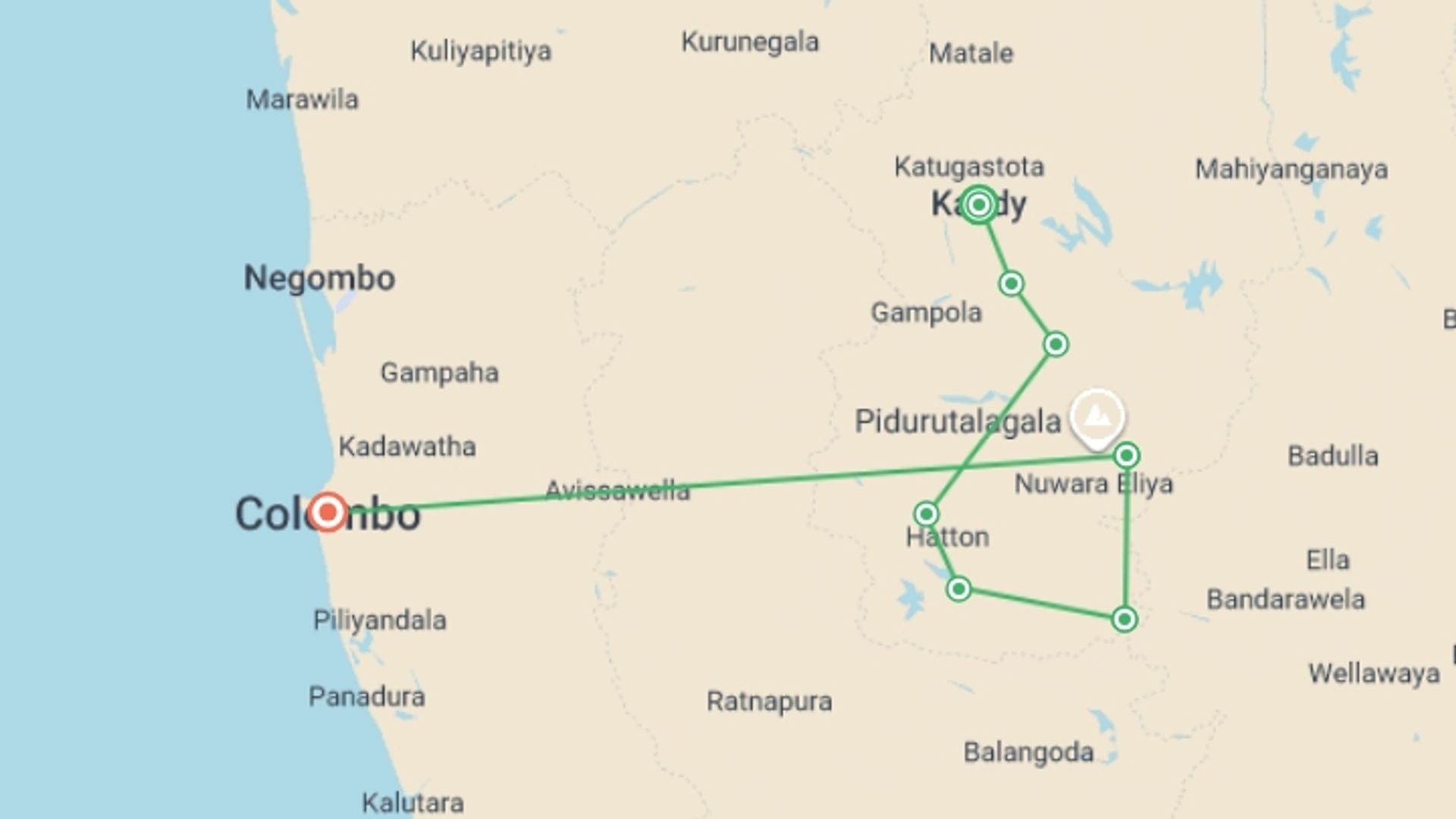 A map showing the tour itinerary for the trip: Hike Sri Lanka’s Pekoe Trail, starting in Kandy, Sri Lanka and ending in Colombo, Sri Lanka going through 6 other destinations.