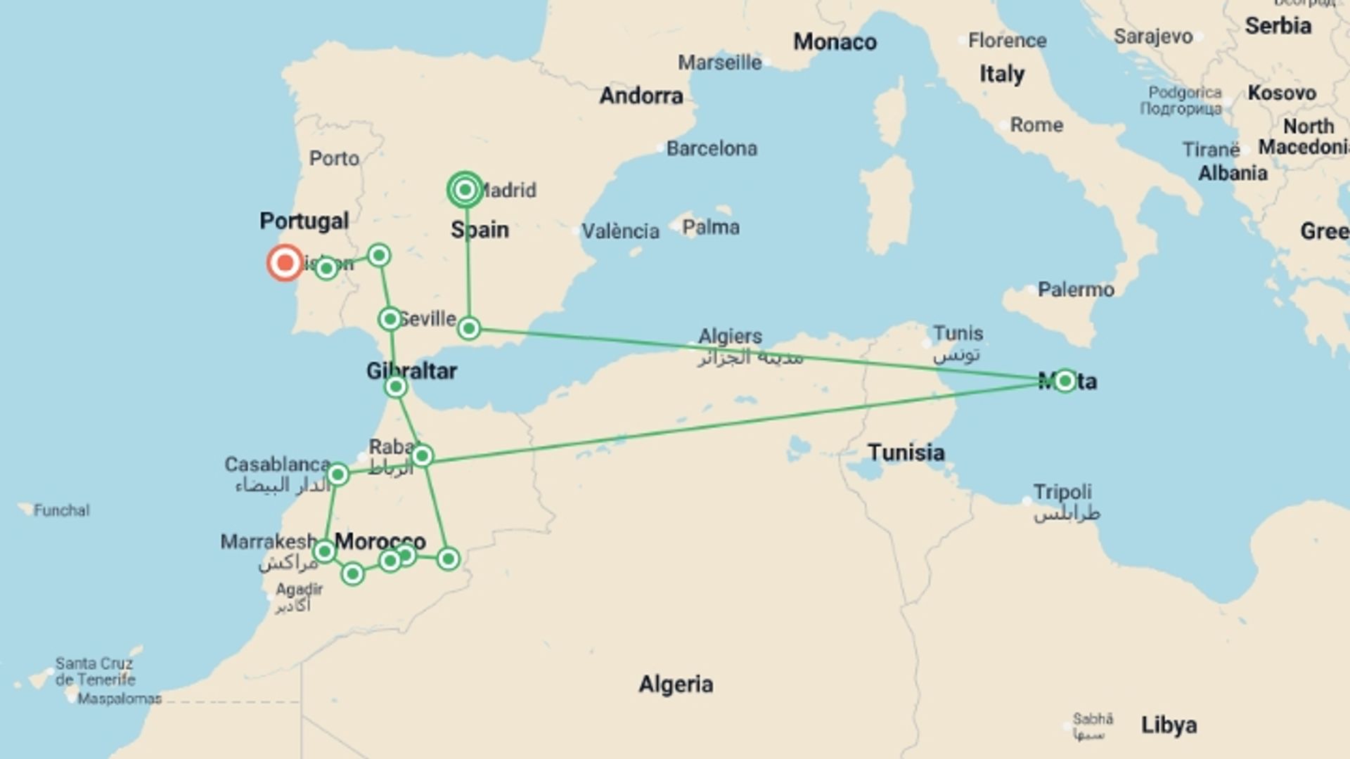 A map showing the tour itinerary for the trip: Madrid, Andalusia, Morocco and Lisbon, starting in Madrid, Spain and ending in Lisbon, Portugal going through 7 other destinations.