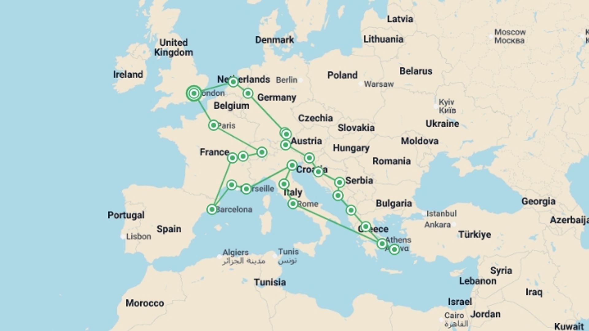 A map showing the tour itinerary for the trip: European Adventurer, starting in London, England and ending in London, England going through 20 other destinations.