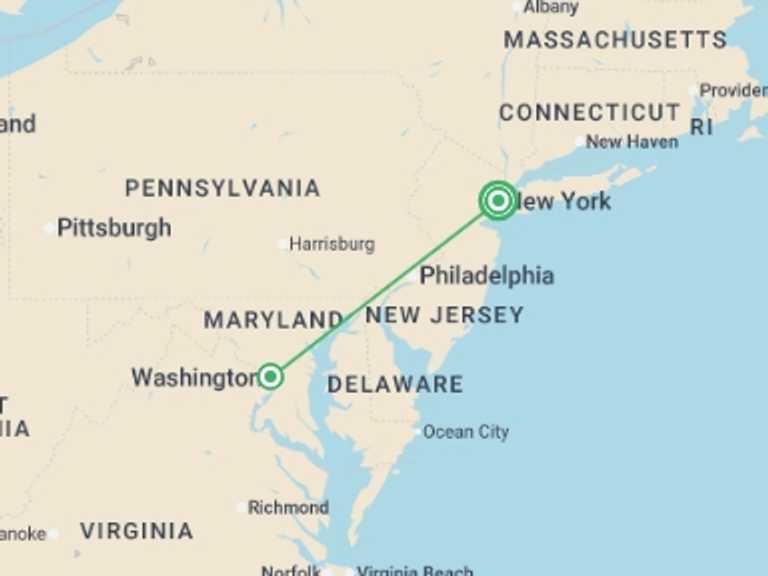 Map of North America Tour with 2 destination visits for the trip: New York and Washington