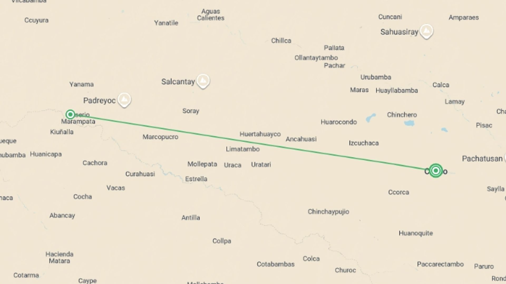 A map showing the tour itinerary for the trip: Trek to Choquequirao, starting in Cusco, Peru and ending in Cusco, Peru going through 1 other destinations.