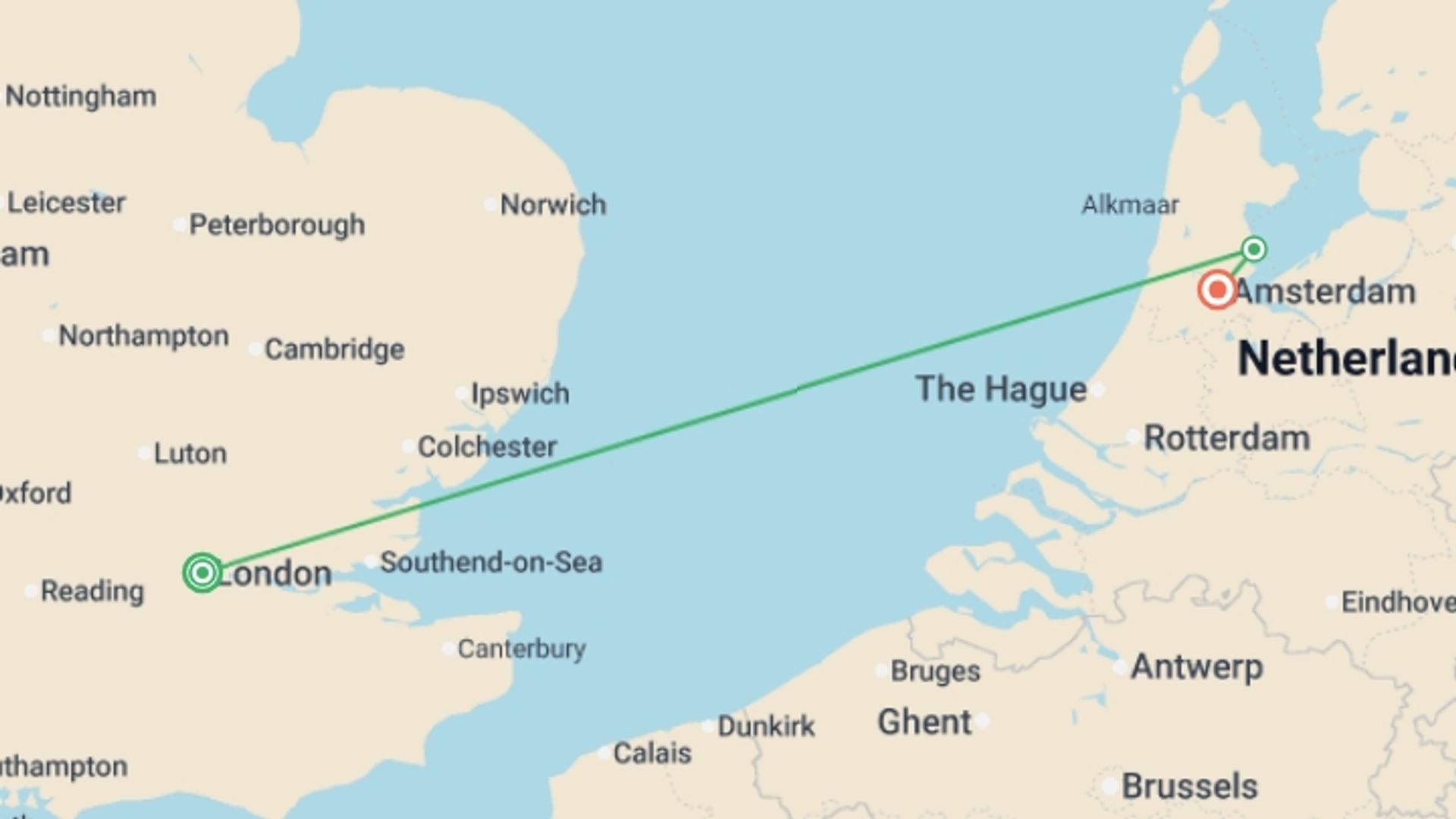 A map showing the tour itinerary for the trip: Northern Route, starting in London, England and ending in Amsterdam, Holland going through 1 other destinations.