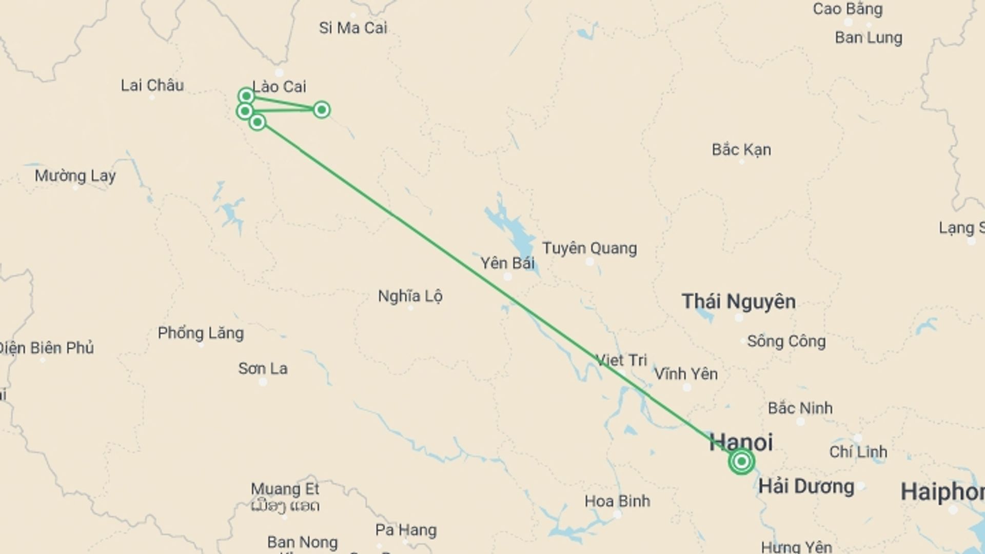 A map showing the tour itinerary for the trip: 2D1N Sapa Adventure with Long Treks - Overnight in Hotel, starting in Hanoi, Vietnam and ending in Hanoi, Vietnam going through 2 other destinations.