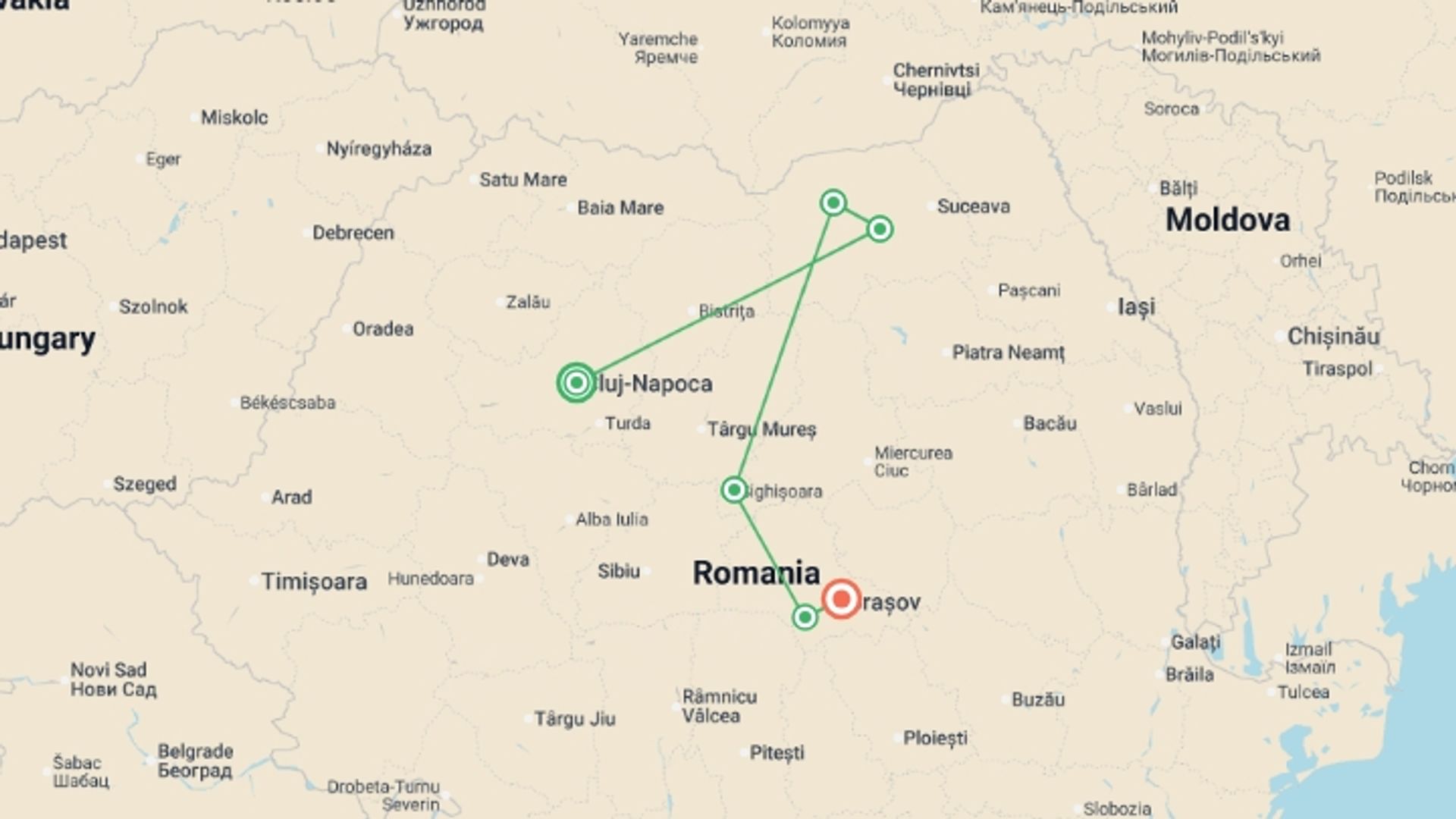 A map showing the tour itinerary for the trip: Hiking in Romania: Via Transilvanica Trail, starting in Cluj-napoca, Romania and ending in Brasov, Romania going through 5 other destinations.