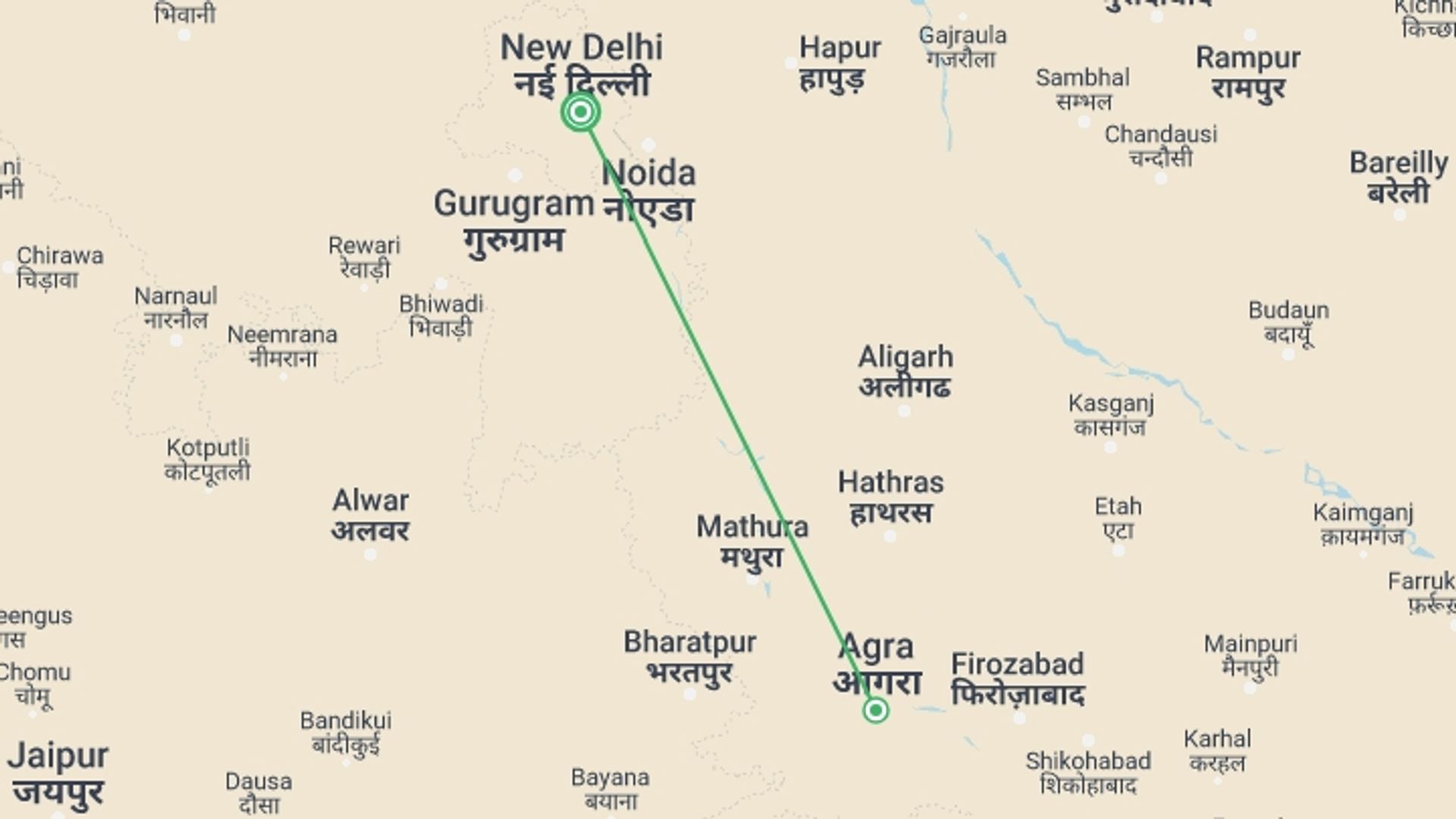 A map showing the tour itinerary for the trip: Delhi and Taj Mahal Tour In 3 Days , starting in New Delhi, India and ending in New Delhi, India going through 1 other destinations.