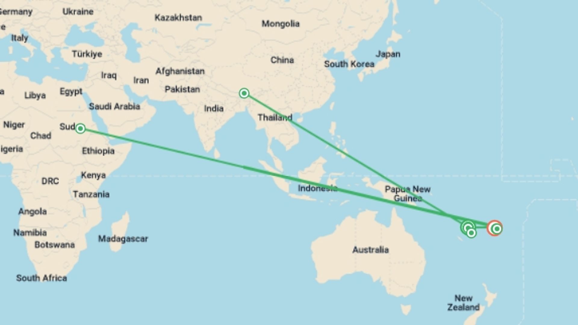 A map showing the tour itinerary for the trip: Vanuatu & Fiji Adventure, starting in Port Vila, Vanuata and ending in Nadi, Fiji going through 2 other destinations.