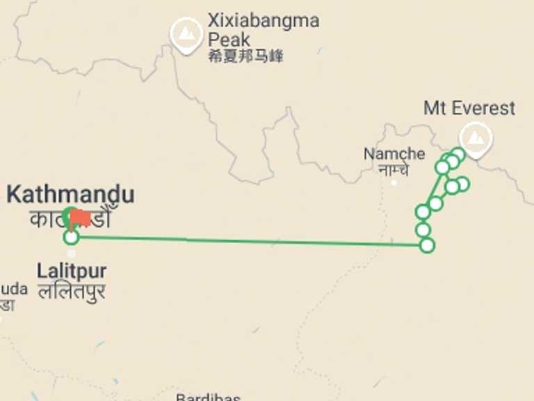 Map of Kathmandu Mountains Tour with 10 destination visits for the trip: Everest Base Camp Trek
