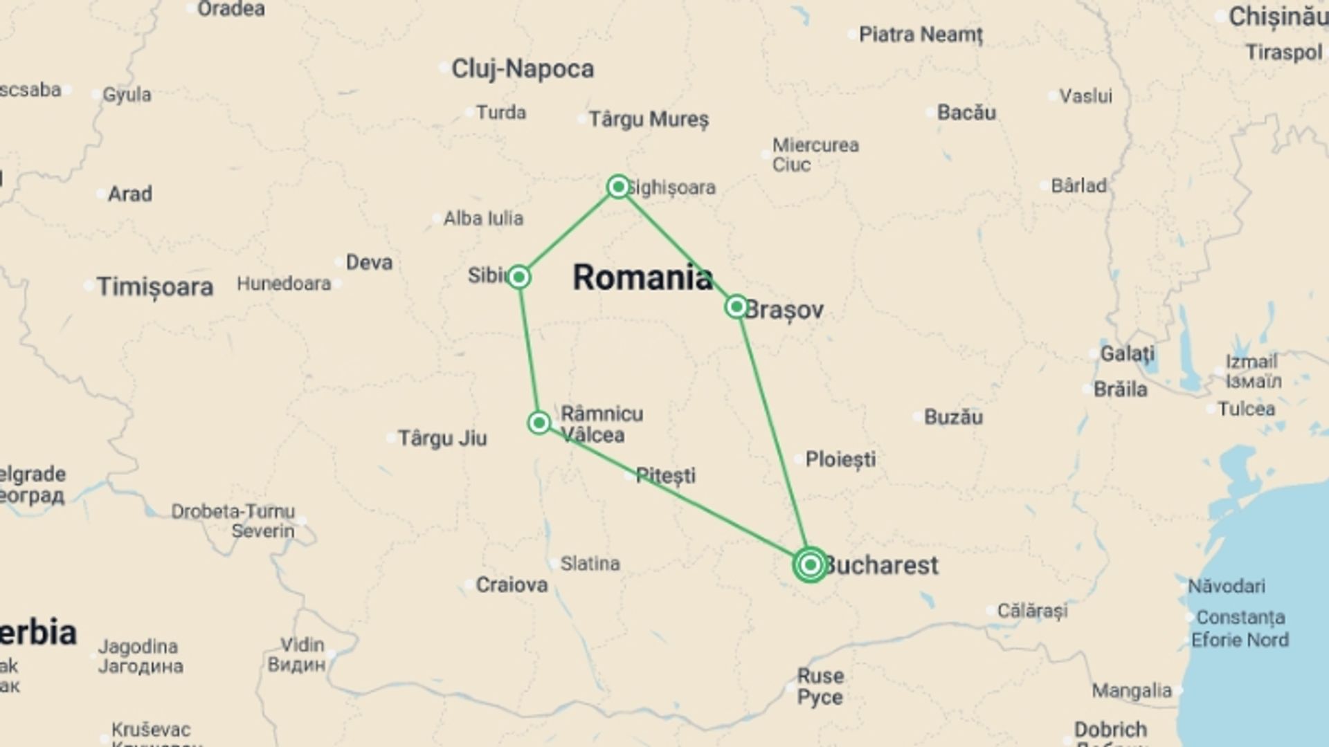 A map showing the tour itinerary for the trip: Romania: Mountains to Monasteries, starting in Bucharest, Romania and ending in Bucharest, Romania going through 4 other destinations.