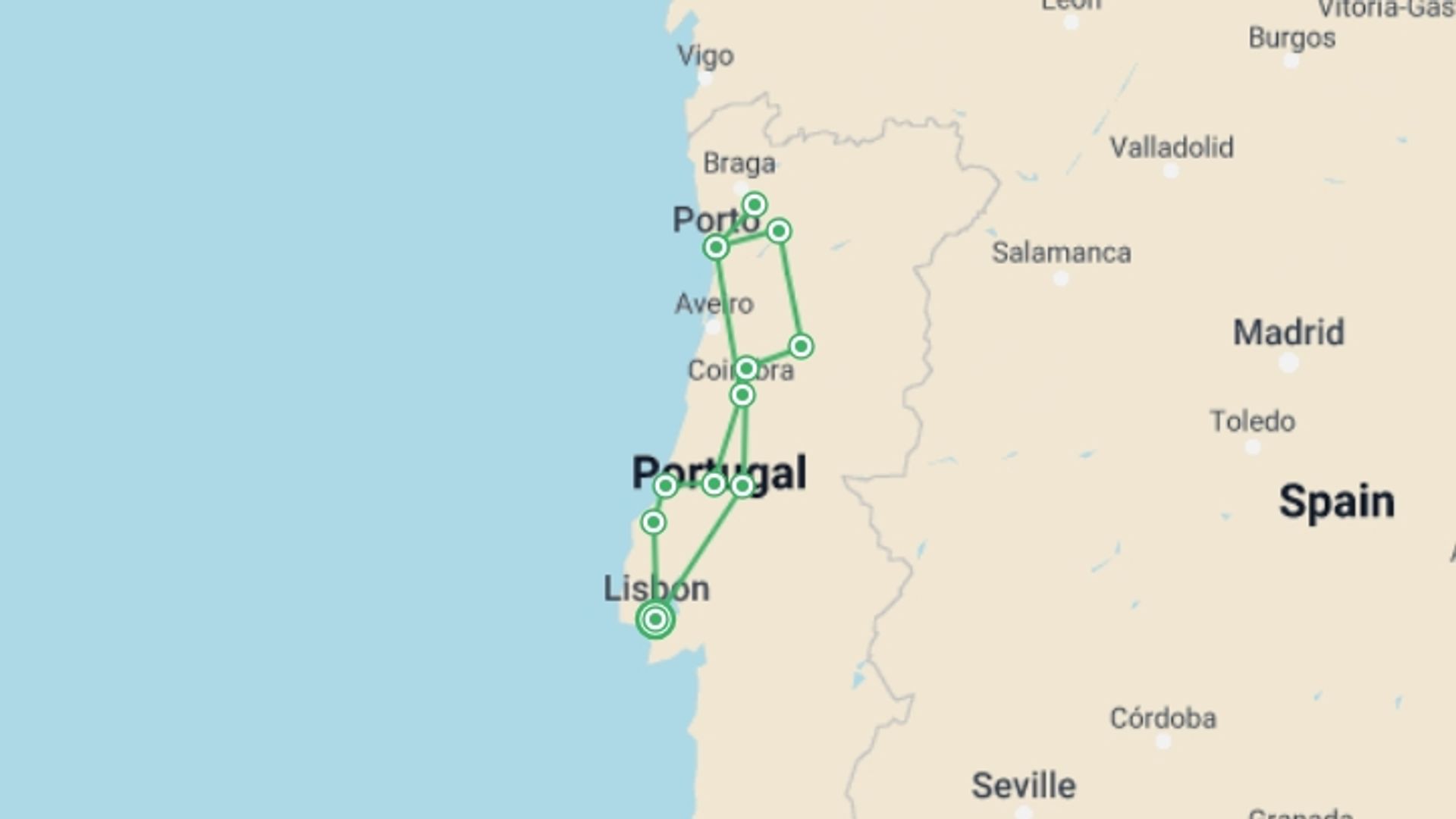 A map showing the tour itinerary for the trip: Northern Portugal Discovery, starting in Lisbon, Portugal and ending in Lisbon, Portugal going through 3 other destinations.