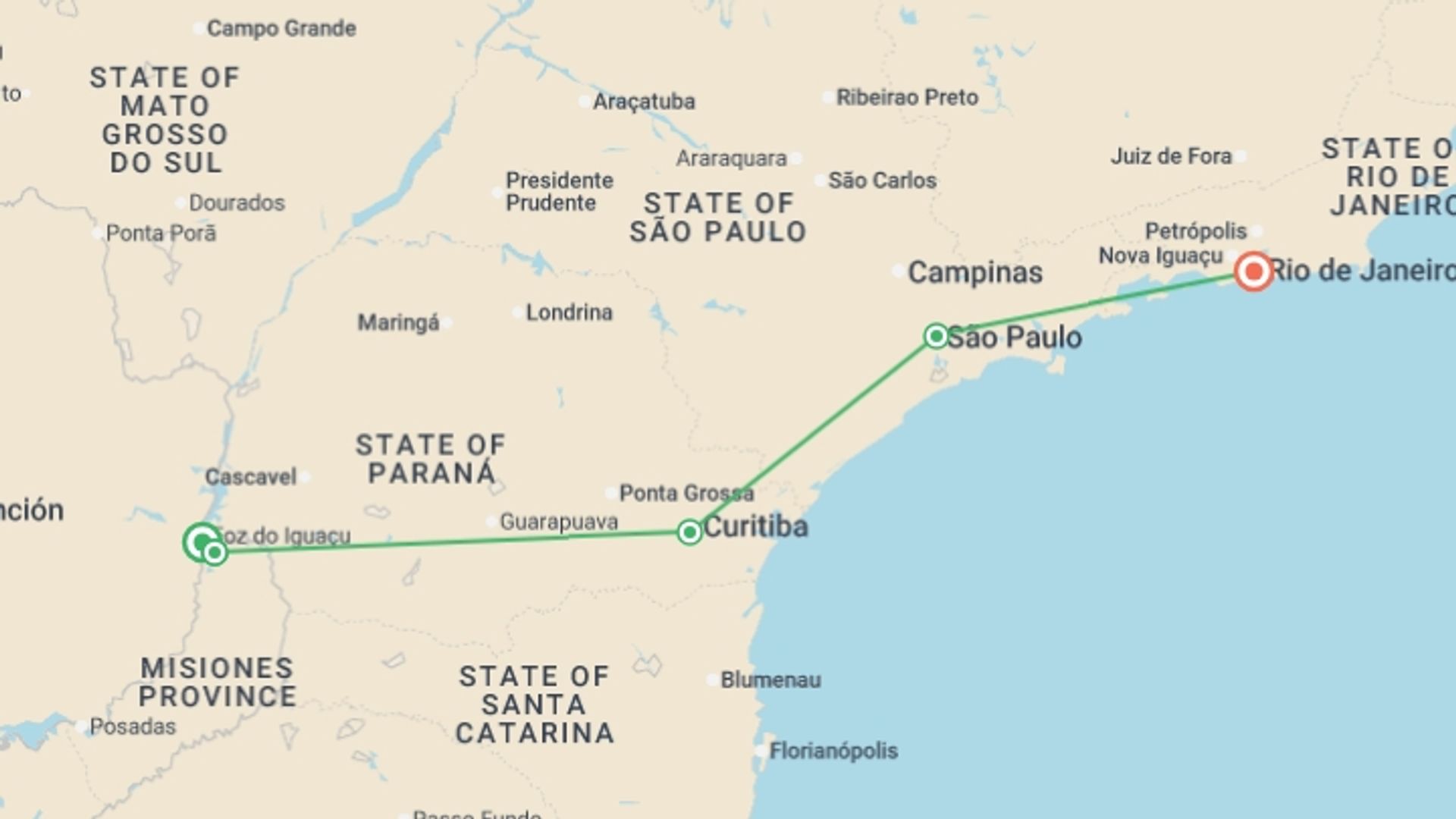 A map showing the tour itinerary for the trip: Way to Rio - 10 days, starting in Puerto Iguazu, Argentina and ending in Rio de Janeiro, Brazil going through 5 other destinations.