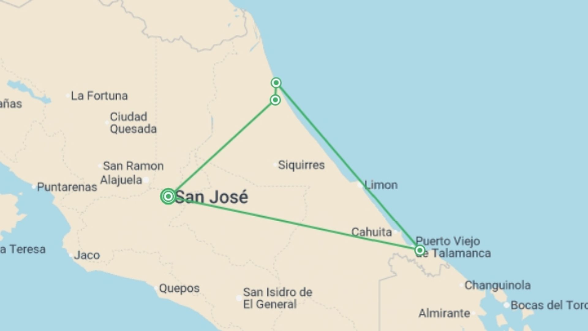 A map showing the tour itinerary for the trip: Premium Costa Rica: Tortuguero and Caribbean Coast, starting in San Jose, Costa Rica and ending in San Jose, Costa Rica going through 3 other destinations.