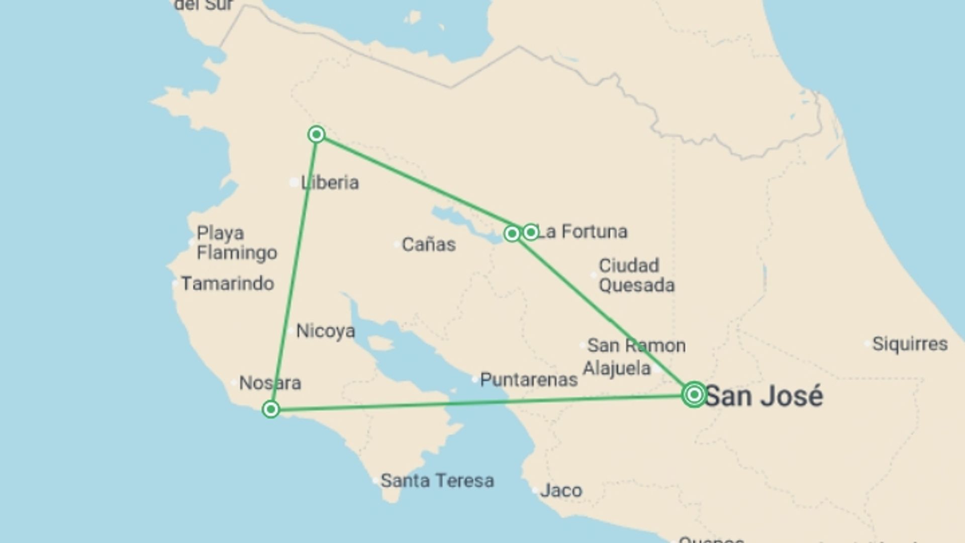 A map showing the tour itinerary for the trip: Croatia Sail Adventure 10 Day, starting in San Jose, Costa Rica and ending in San Jose, Costa Rica going through 5 other destinations.