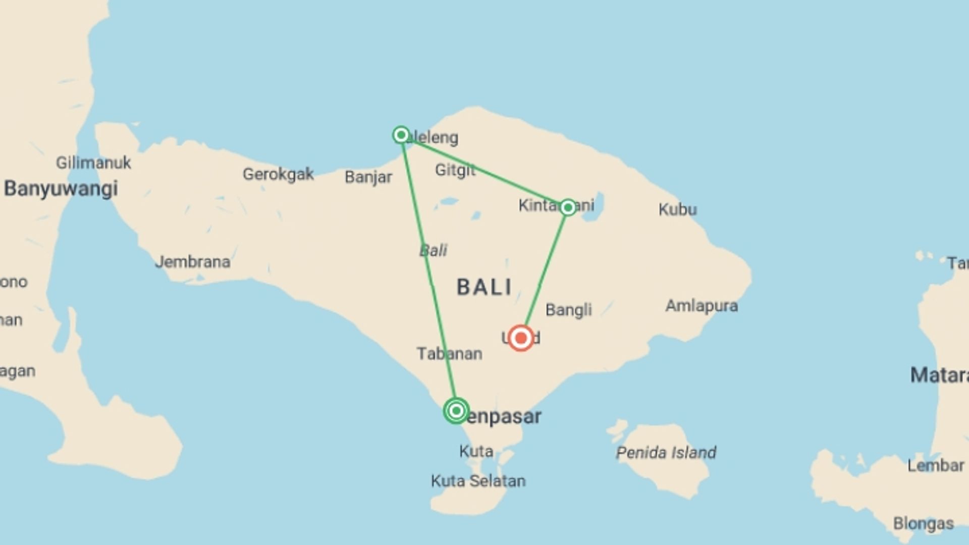 A map showing the tour itinerary for the trip: Bali's Wild Heart: Soul, Surf & Spirit, starting in Canggu, Indonesia and ending in Ubud, Indonesia going through 2 other destinations.