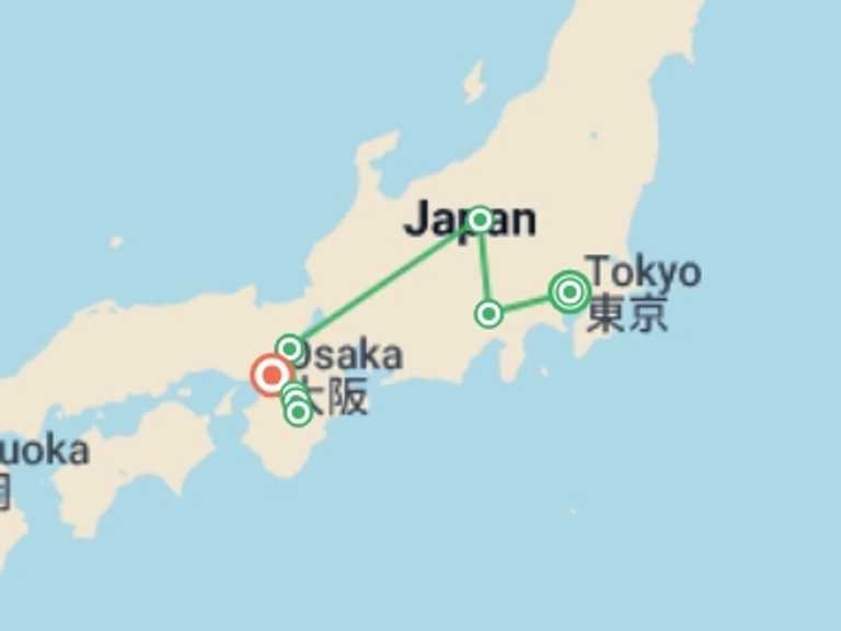 Map itinerary of Asia Tour in November 2026 with 8 destination visits for the trip: Backroads of Japan