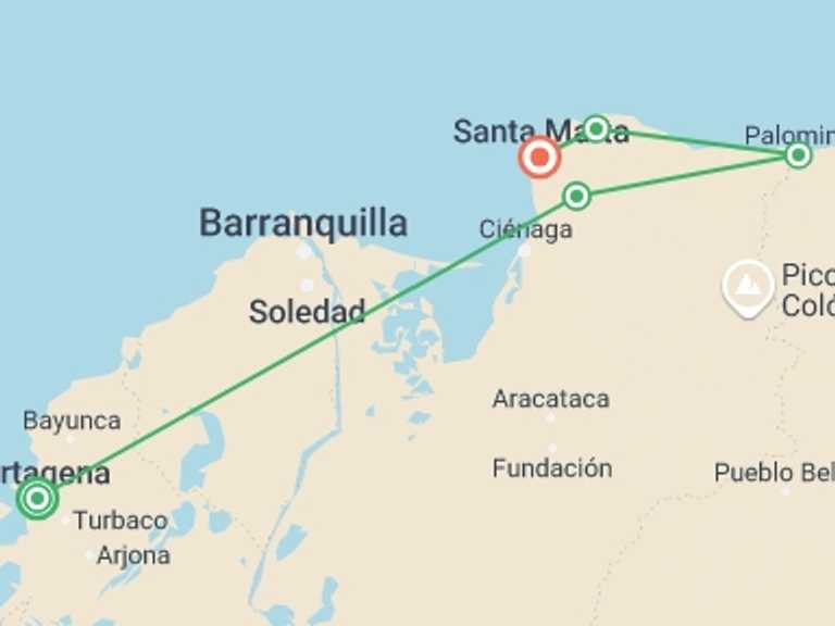 Map of Cartagena Explorer Tour with 5 destination visits for the trip: Colombian Adventure: Caribbean Coast & Tayrona National Park