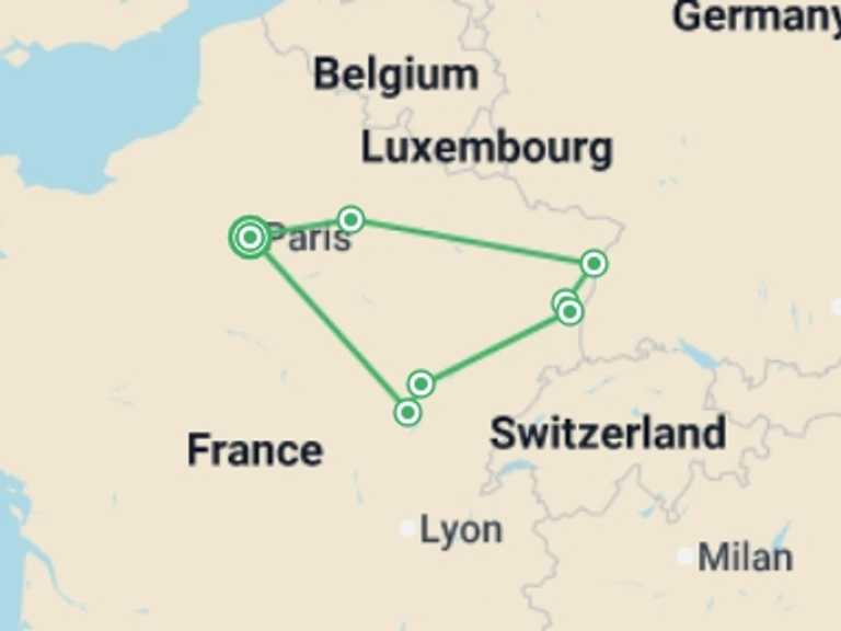 Map itinerary of Strasbourg Tour in October 2025 with 3 destination visits for the trip: Charms of Burgundy and Alsace