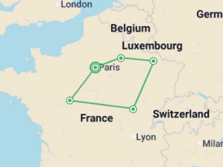 Map of 7-Day Europe Tour with 5 destination visits for the trip: French Christmas Markets 35 to 45