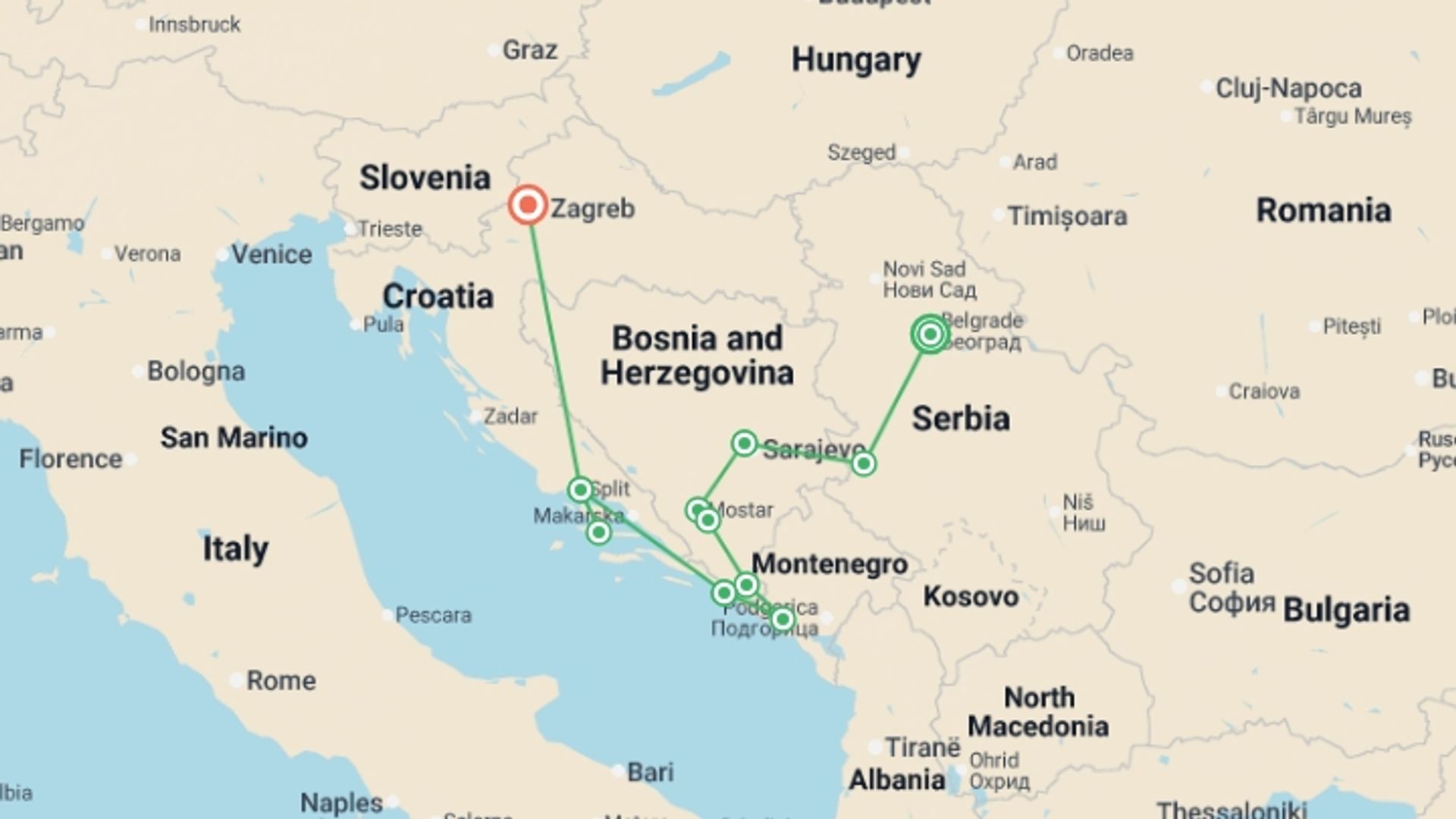 A map showing the tour itinerary for the trip: Belgrade to Zagreb - 12 days, starting in Belgrade, Serbia and ending in Zagreb, Croatia going through 5 other destinations.