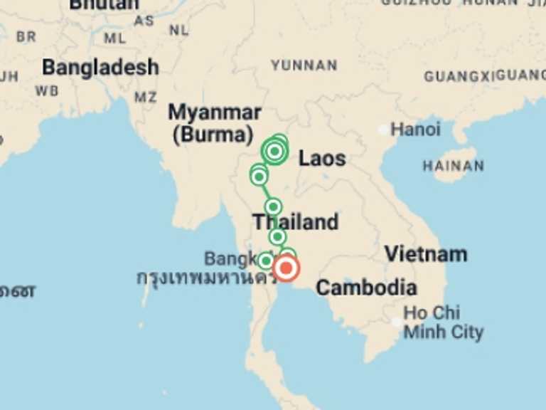 Map of South East Asia Tour with 6 destination visits for the trip: Thailand Grand Tour, Private Tour