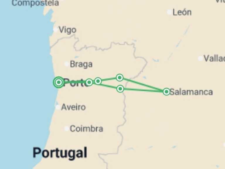 Map itinerary of Portugal Tour in June 2026 with 6 destination visits for the trip: From Portugal to Spain: Porto, the Douro Valley (Portugal) and Salamanca (Spain) (port-to-port cruise)