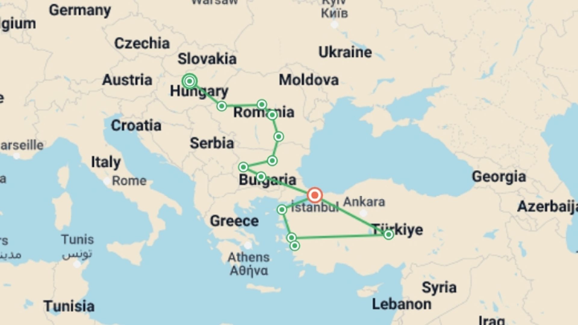 A map showing the tour itinerary for the trip: Highlights of Eastern Europe & Turkey, starting in Budapest, Hungary and ending in Istanbul, Turkey going through 11 other destinations.
