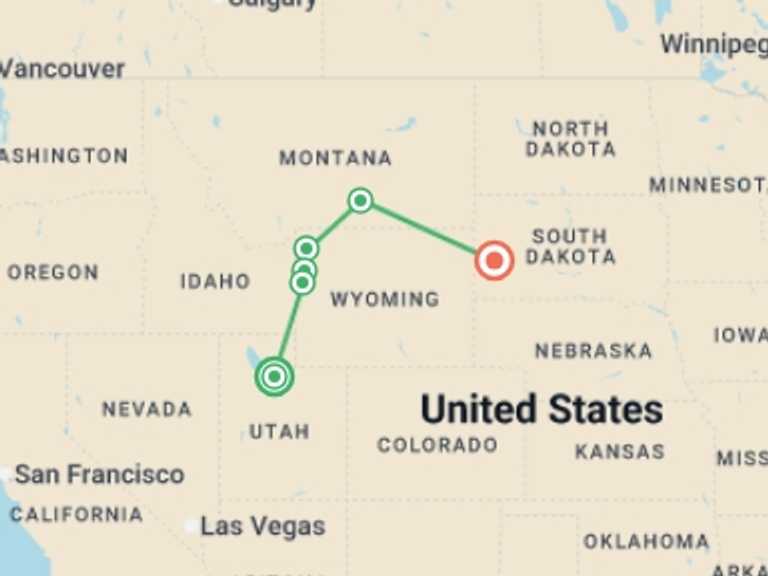 Map itinerary of North America Tour in Summer with 6 destination visits for the trip: Wild West, Cowboys and Buffalos