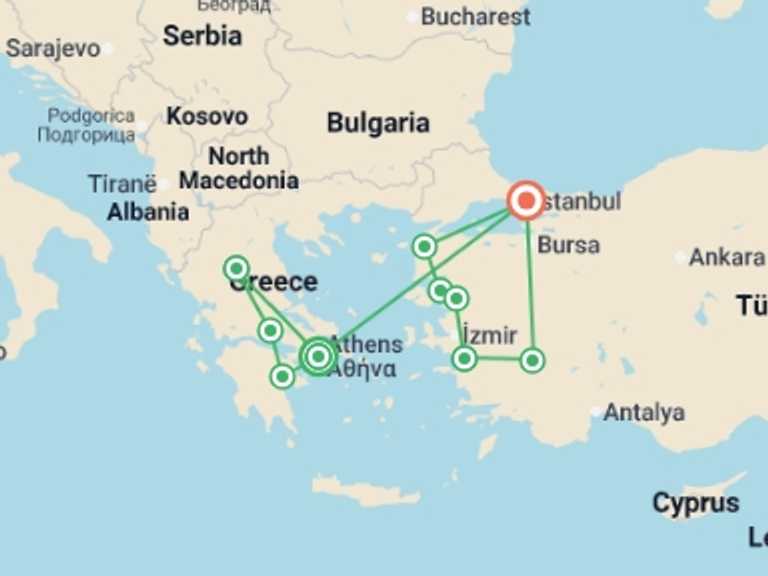 Map of Europe Tour with 9 destination visits for the trip: The Best of Greece & Turkey