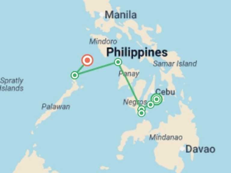 Map itinerary of Asia Tour in February 2027 with 7 destination visits for the trip: Philippines Grand Tour See & Experience it all in 14 days