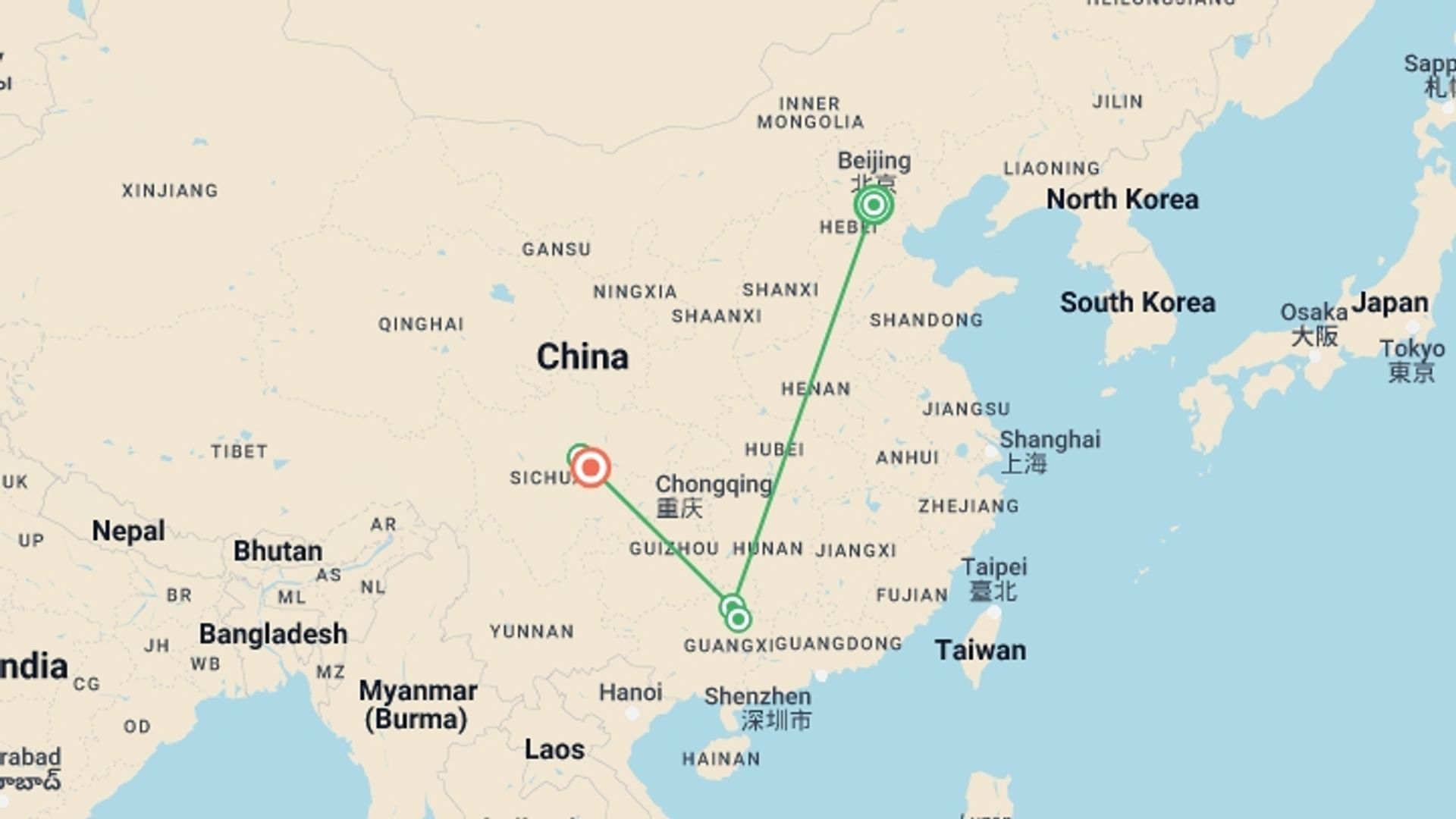 A map showing the tour itinerary for the trip: China Luxury Wellness Retreat, starting in Beijing, China and ending in Sichuan, China going through 4 other destinations.