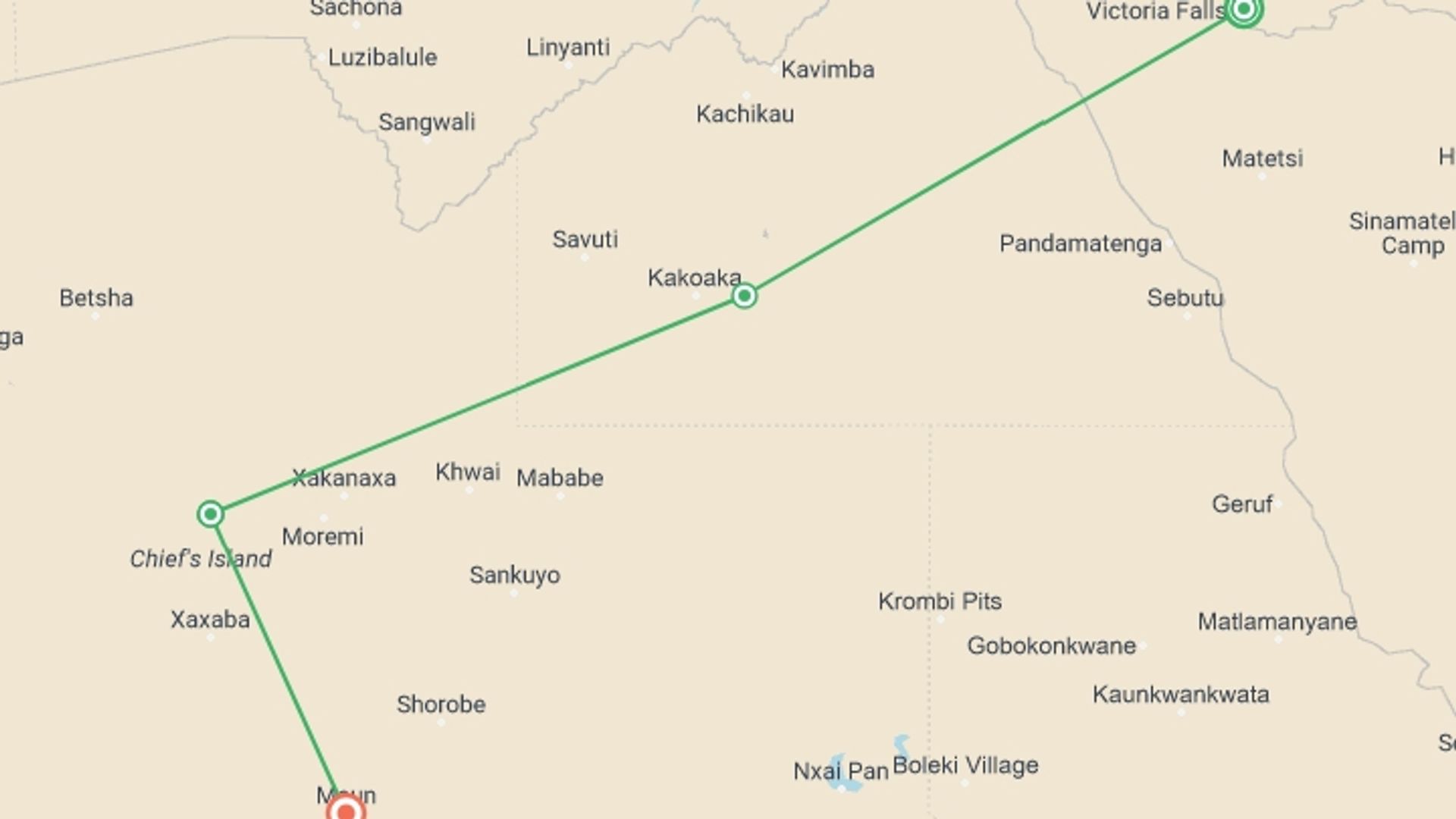 A map showing the tour itinerary for the trip: Victoria Falls & Okavango Delta: Fly-in Safari, starting in Victoria Falls, Zimbabwe and ending in Maun, Botswana going through 2 other destinations.