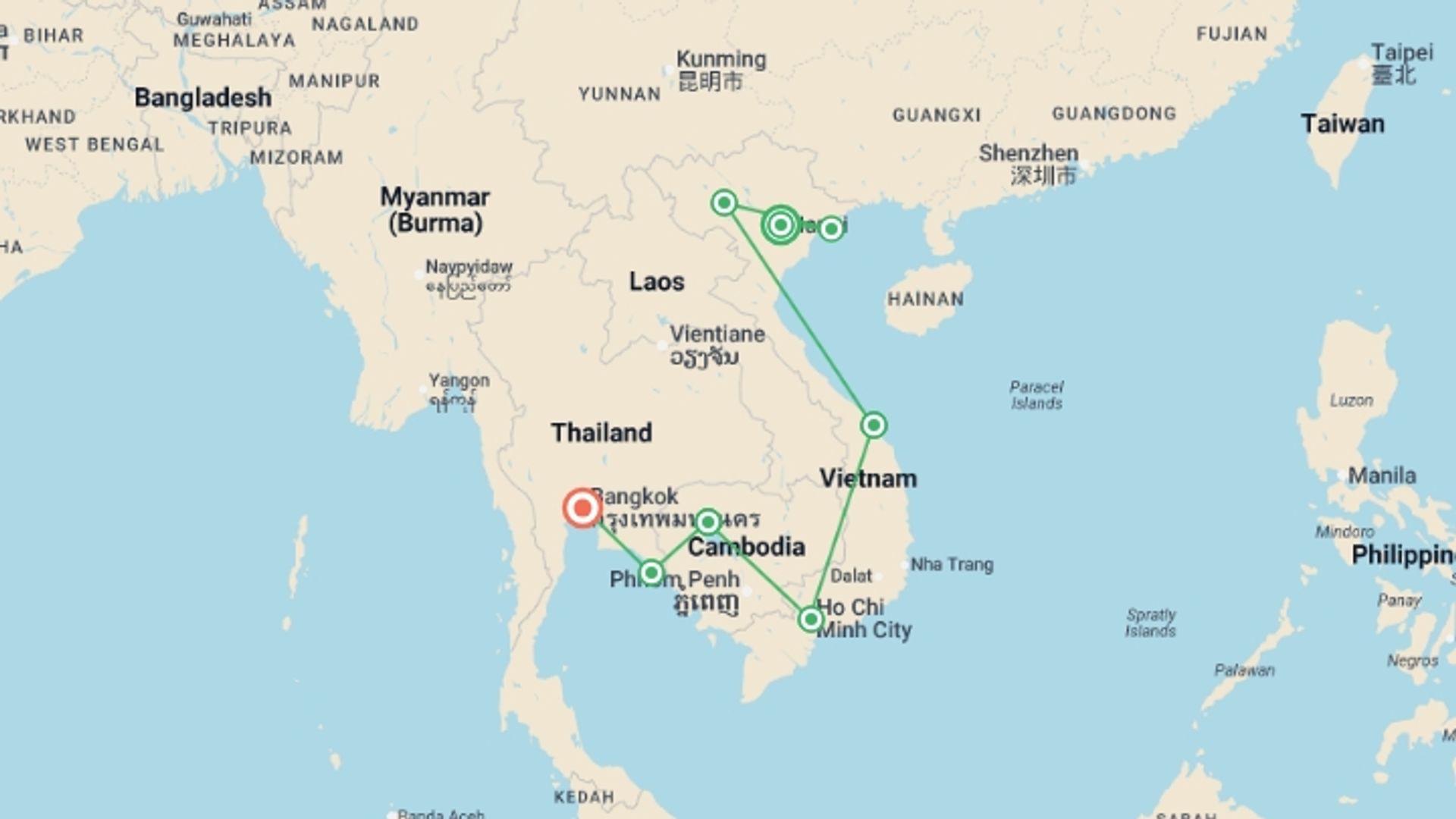 A map showing the tour itinerary for the trip: Southeast Asia: Pu Luong, Halong Bay & the Cardamom Mountains, starting in Hanoi, Vietnam and ending in Bangkok, Thailand going through 6 other destinations.