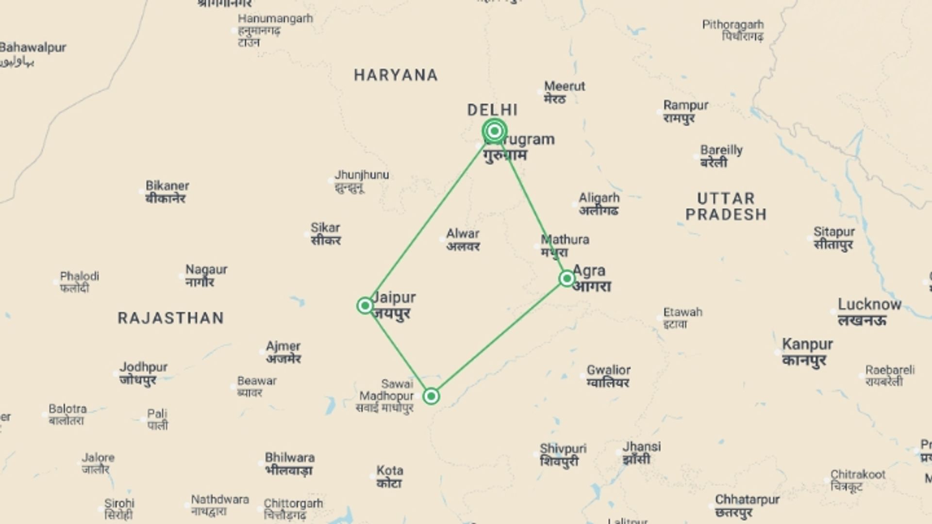 A map showing the tour itinerary for the trip: Golden Triangle with Ranthambore - 9 days, starting in New Delhi, India and ending in New Delhi, India going through 3 other destinations.