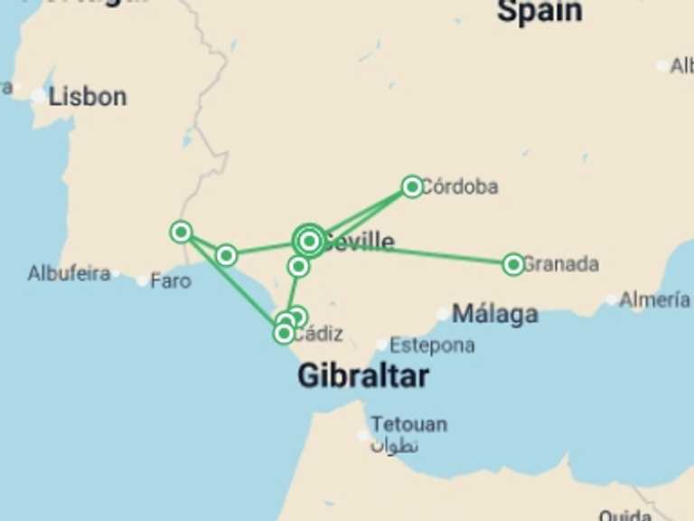 Map itinerary of Europe Tour in April 2027 with 5 destination visits for the trip: Discover Andalusia in Seville, Follow the Footsteps of Columbus in Huelva, and Fall Under the Spell of Cádiz (port-to-port cruise)