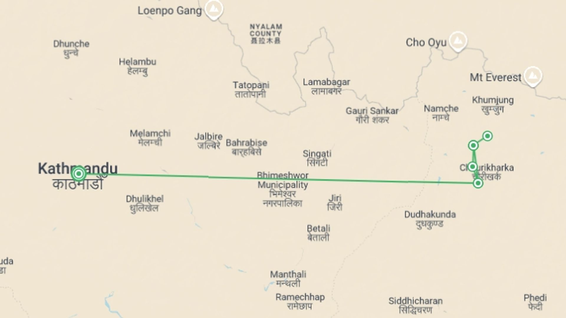 A map showing the tour itinerary for the trip: Everest View Trek, starting in Kathmandu, Nepal and ending in Kathmandu, Nepal going through 6 other destinations.