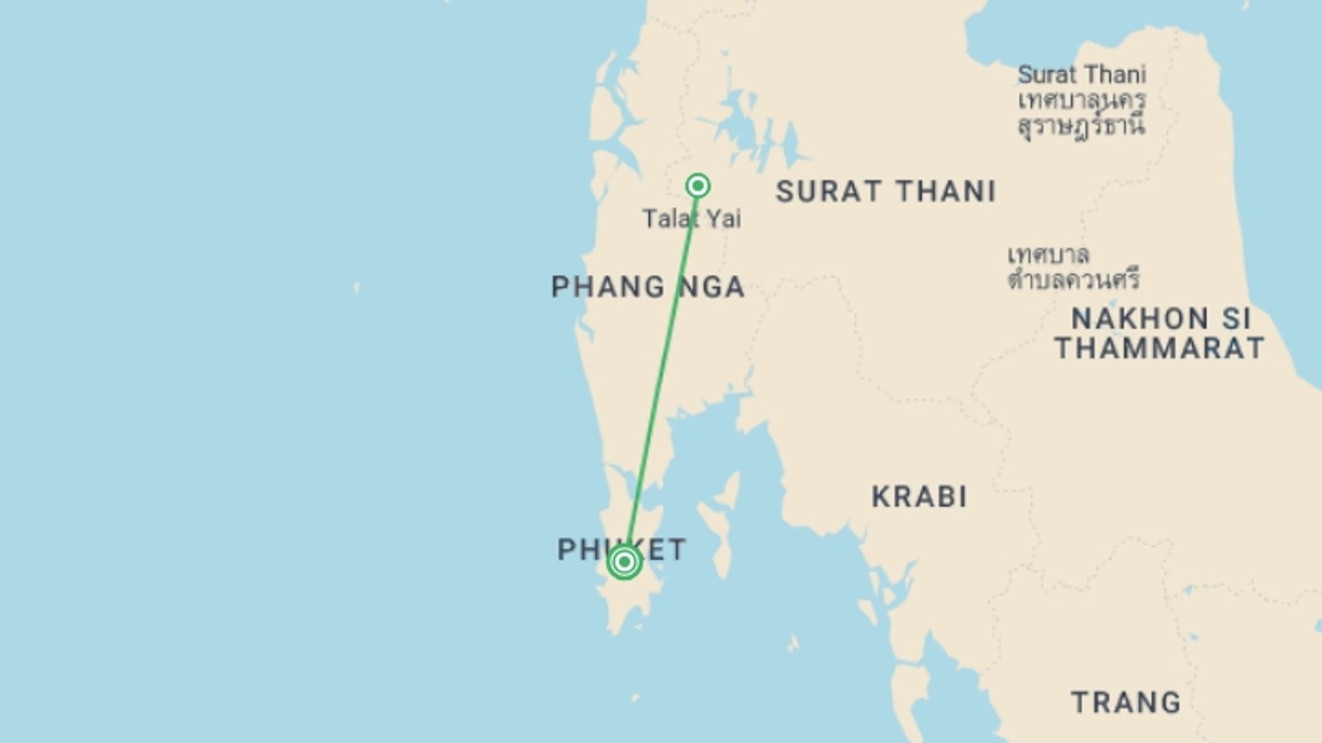 A map showing the tour itinerary for the trip: Khao Sok National Park Adventure 3D/2N, starting in Phuket, Thailand and ending in Phuket, Thailand going through 1 other destinations.