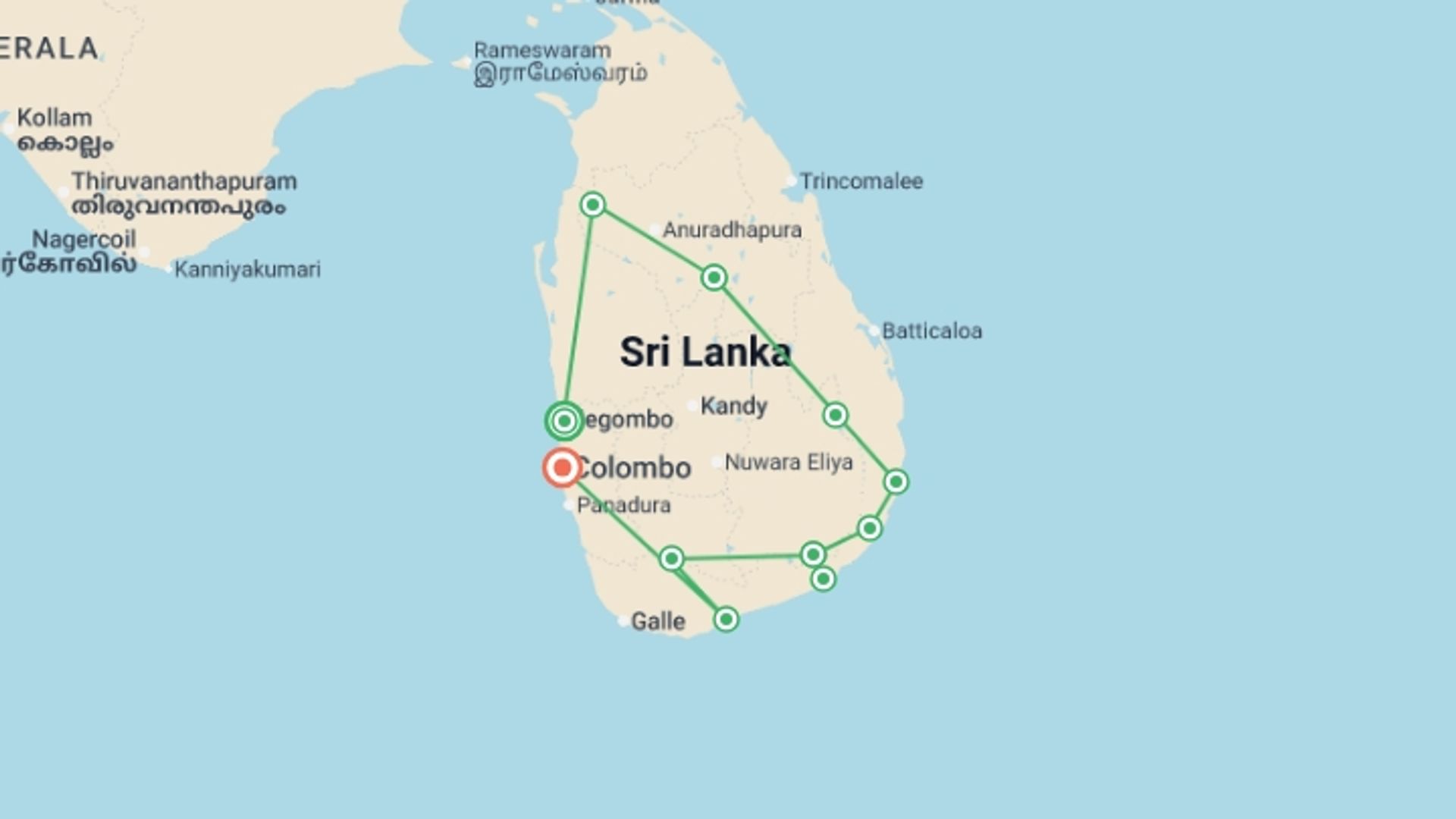 A map showing the tour itinerary for the trip: Sri Lanka Safari, starting in Negombo, Sri Lanka and ending in Colombo, Sri Lanka going through 7 other destinations.