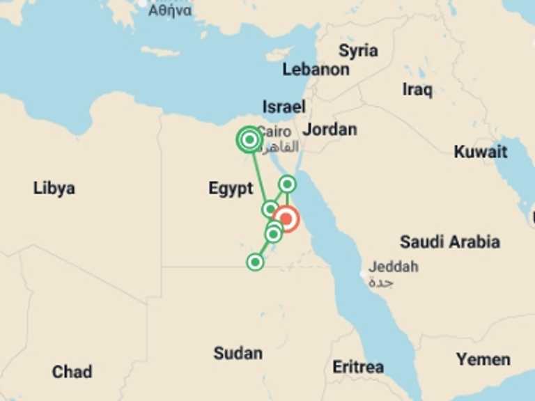 Map of 10-Day Africa Tour with 8 destination visits for the trip: Family Egyptian Sphinx, Pyramids and Nile River