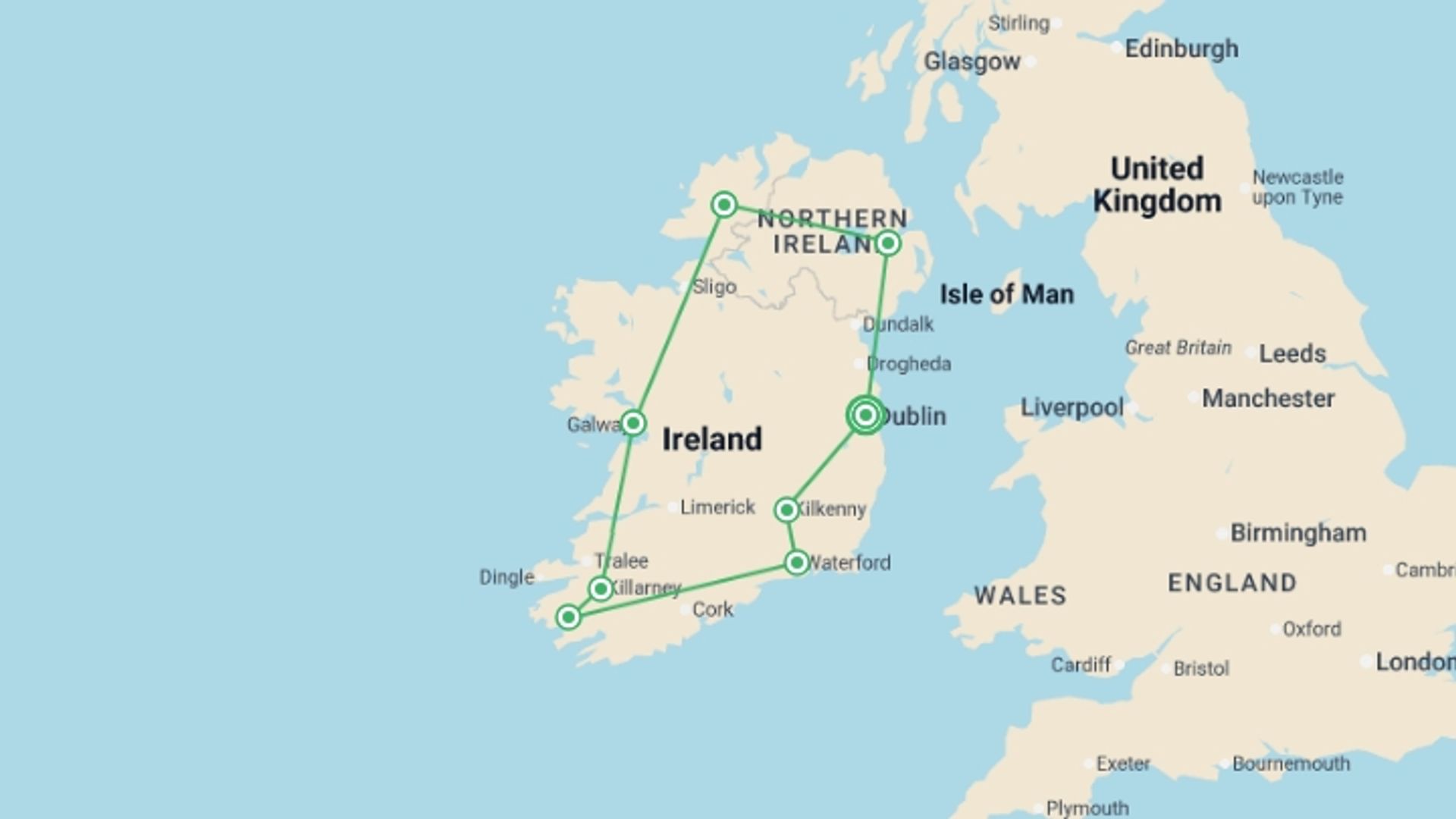 A map showing the tour itinerary for the trip: Amazing Ireland, starting in Dublin, Ireland and ending in Dublin, Ireland going through 7 other destinations.